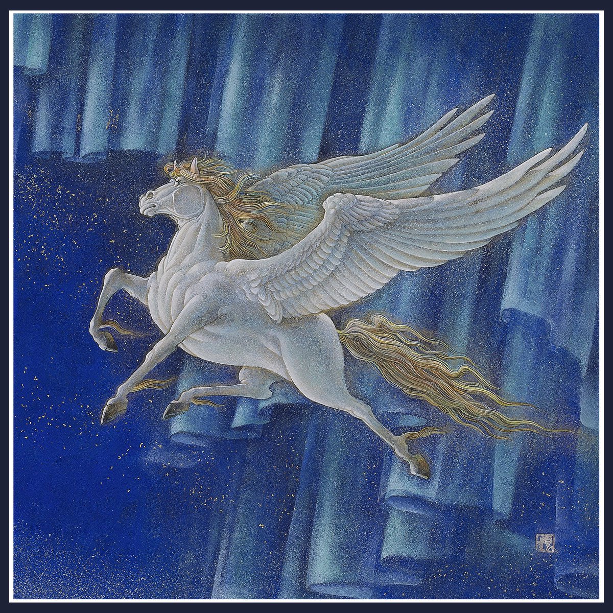 atelieraun's tweet image. #Pegasus  #AURORA  

『極光』 「Northern Lights」

S4号(333mm×333mm) 材料：雲肌麻紙・顔料・膠・金箔・金泥
個人蔵

Japanese hemp paper (Kumohada-mashi), pigment, glue, gold mad,gold foil, private collection