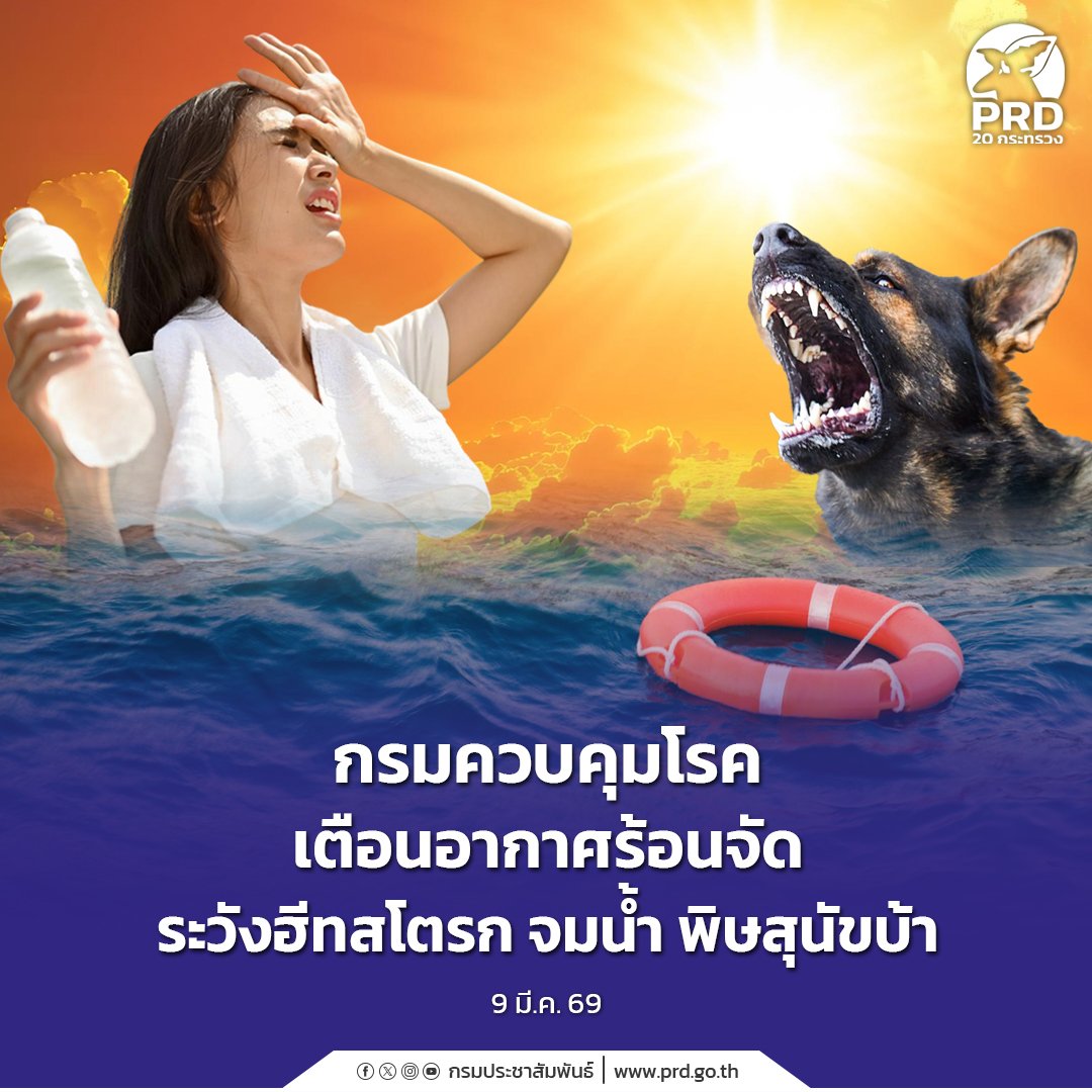 prd_official's tweet photo. ☀️ ร้อนนี้ต้องรอด! กรมควบคุมโรคเตือน 3 ภัยสุขภาพช่วงอากาศร้อนจัด:
🌡️ ฮีทสโตรก 
🏊‍♂️ จมน้ำ
🐕 พิษสุนัขบ้า
รายละเอียด: https://t.co/YsSBqlKCsP
#กรมควบคุมโรคเตือนอากาศร้อนจัด #ระวังฮีทสโตรก #พิษสุนัขบ้า https://t.co/BSpUIkO1mq