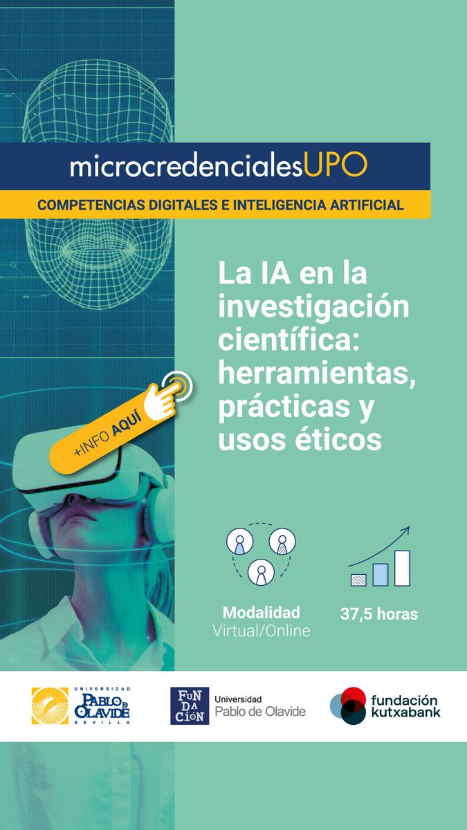 amdelvaz's tweet photo. En abril arrancamos la 4ª ed. de la microcredencial "La #IA en la investigación científica" que, en esta ocasión, viene con precio reducido si eres estudiante de #DoctoradoUPO Súmate a la formación por la que ya han pasado más de 150 investigadores e investigadoras https://t.co/bMElVrrAVw