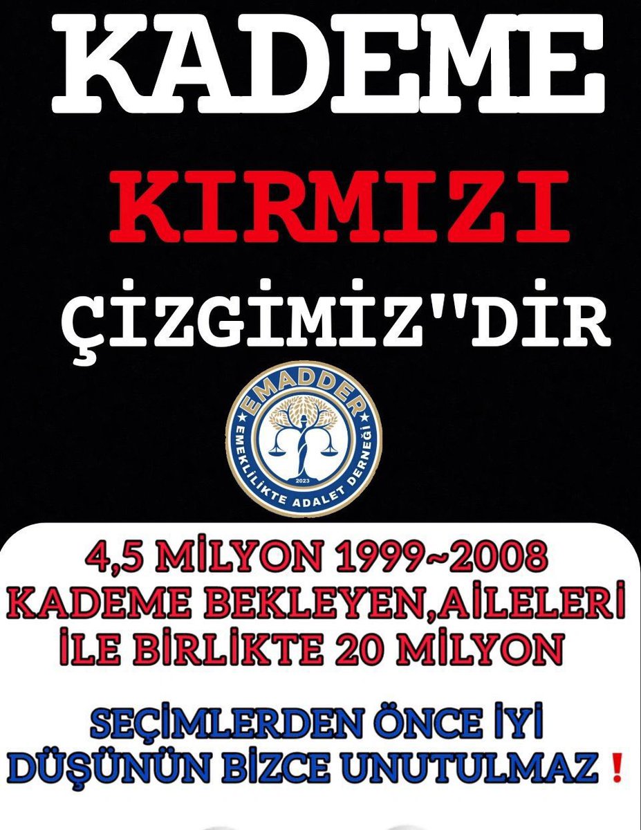 Yutkunarak 'KADEMELİ EMEKLİLİK’ demeyeceksiniz, 
yutkunarak 'ADALET’ demeyeceksiniz! 
Avazınız çıktığı kadar ‘KADEMELİ EMEKLİLİK HAKTIR’ diyeceksiniz !!!

<a href="/EmadDernegi/">EMEKLİLİKTE ADALET DERNEĞİ ⚖️</a> 
#KırmızıÇizgimizKademe