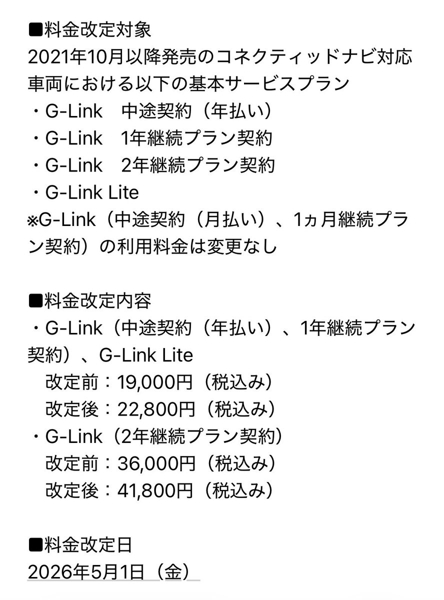 LexusUX31's tweet photo. G-Linkの値上げの通知が…
車検を5月に控えてるんだけど、これは来月までに前払いすることできるのだろうか？😥 https://t.co/fjnb8tBY5d