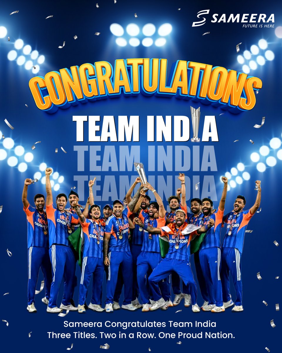 Sameeragroups's tweet image. A victory that will echo for generations! 🏆
Congratulations to Team India for lifting the ICC Men's T20 World Cup and making the entire nation proud!

#Sameera #TeamIndia #T20WorldCup2026
