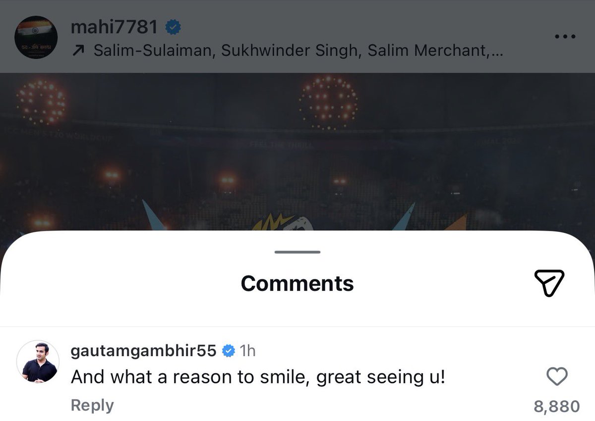 mufaddal_vohra's tweet photo. Gautam Gambhir’s reply on MS Dhoni’s Instagram post. ❤️ https://t.co/7MSC95CFTT