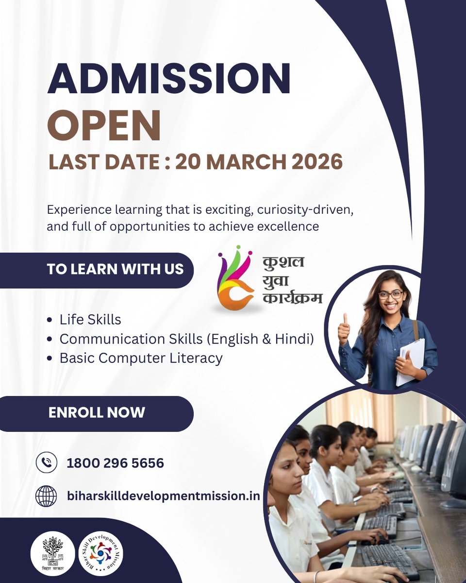 YESDBihar's tweet photo. Don't miss the opportunity ! 
#KYP will equip you with the right skills for new opportunities.
Enroll Now !
Last Date : 20 March 2026  
#AdmissionOpen #SkillDevelopment #SkillYouth #LearnSkill #BSDM #KYP https://t.co/yZrHL0yYGw