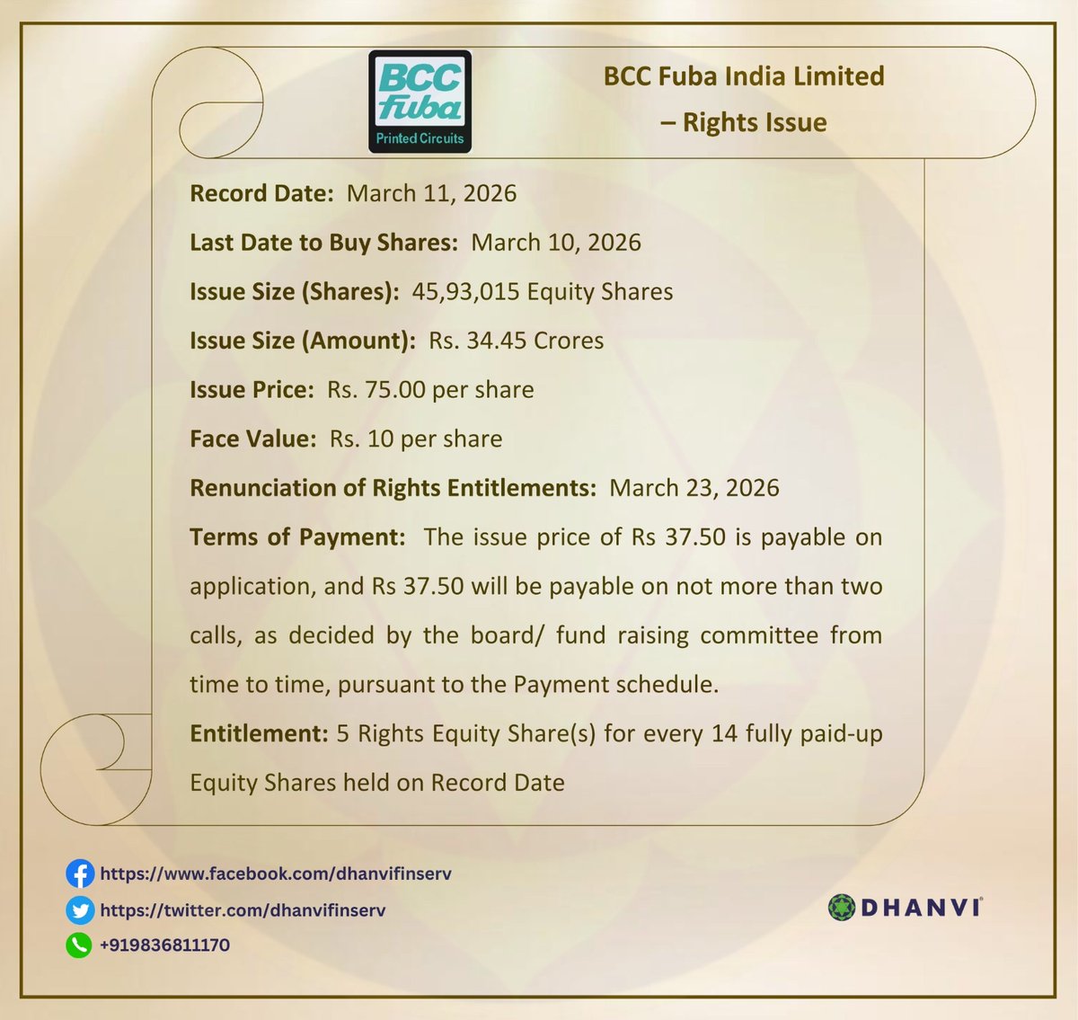 dhanvifinserv's tweet photo. BCC Fuba Limited - Rights Issue ๐
#rights #RightsIssue #RIGHTSHARE #rightissueofshare #dhanvifinserv #Dhanvi #sharemarketindia #sharemarketnews #dailymarketupdate #stockmarketindia #rightshareissue #bccfuba #investors https://t.co/ma321ZoBbE