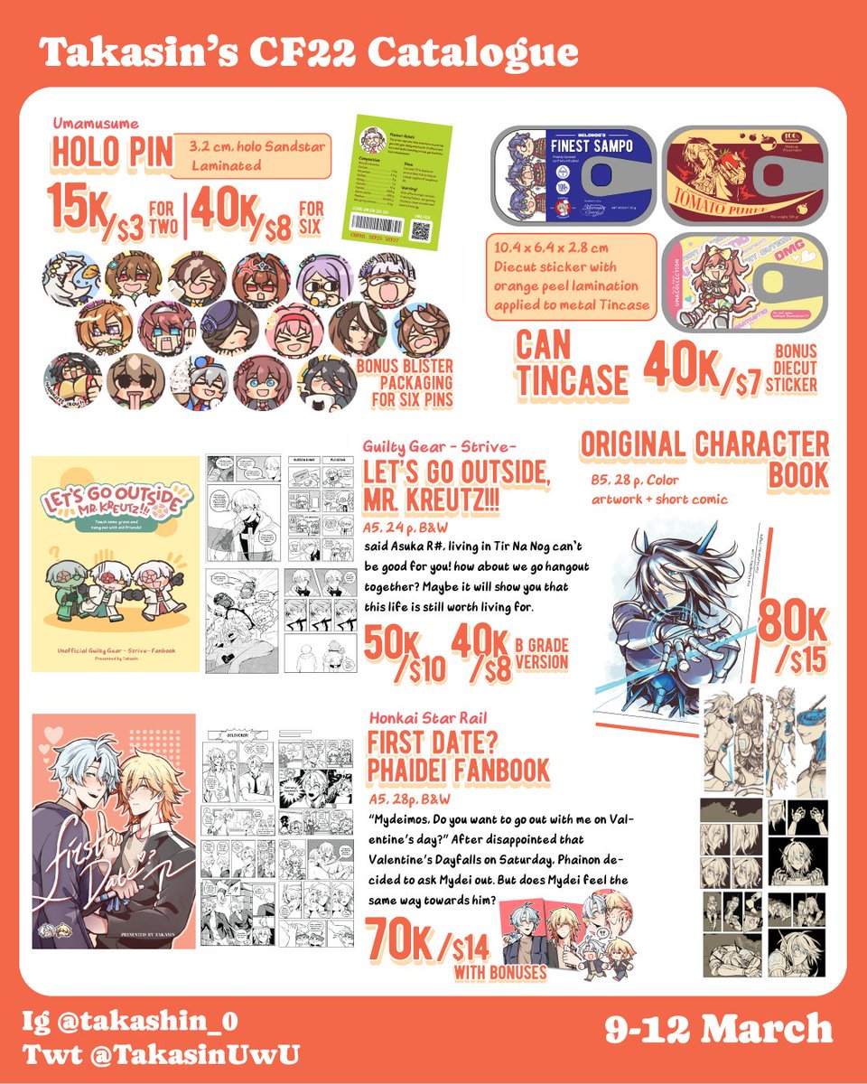 Takasin's #CF22 Catalogue
Circle Tempat Lupa Nabung
Pick up both days / Mail Order 🇮🇩 &amp;🌐
Until 12 March

Fandom: FGO/ Fate, HSR, GGST, Holostars EN, BA, Umamusume, GFL2, CZN, Methaphor, Original

Link Form : forms.gle/3ycvV4RSPnD38G…
#cf22catalog #comifuro22 
1/2
