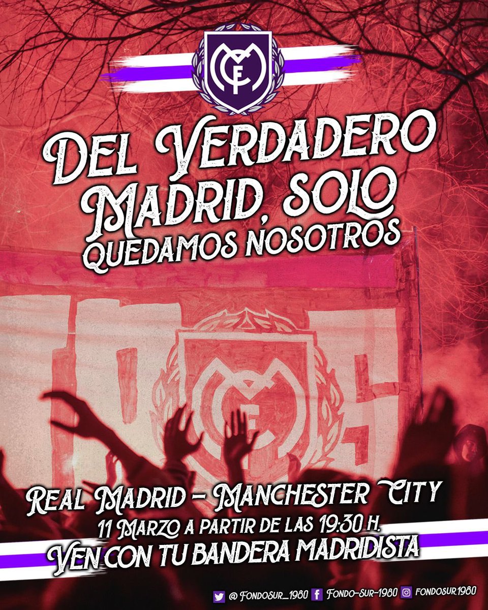 Del verdadero Madrid, solo quedamos nosotros. Previa en Marceliano Santa María, la calle que une al madridismo. 11 de marzo a partir de las 19:30h ¡¡Ven con tu bandera madridista!! #UCL #RealMadridVsManchesterCity