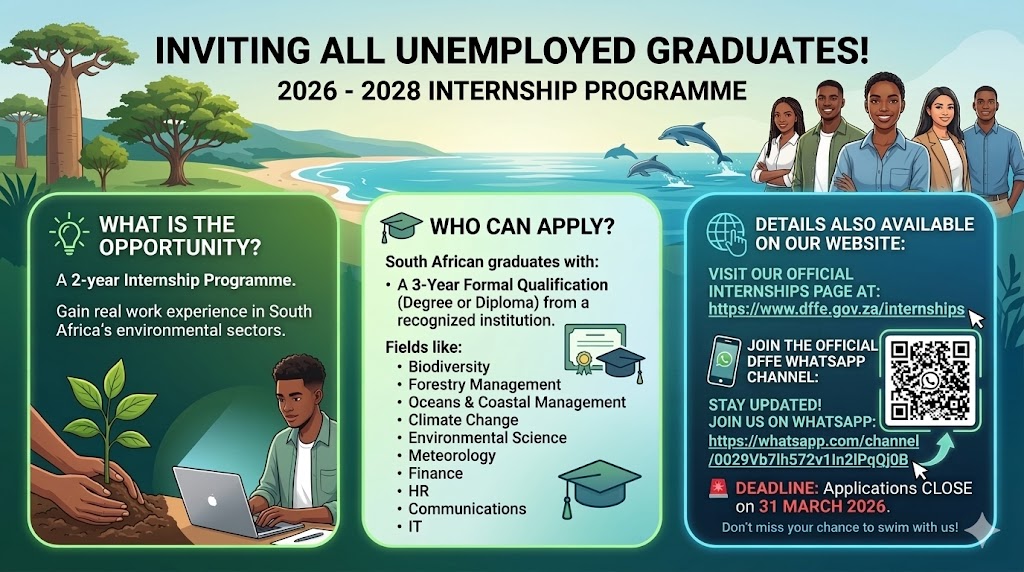 🎓 CALLING ALL UNEMPLOYED GRADUATES! 🇿🇦

Ready to 'cut your teeth' in the Green Economy? The DFFE is inviting YOU to apply for our 2026-2028 Internship Programme.

Full list of 10+ fields and application links are ALSO on our Website:  dffe.gov.za/internships

Stay updated! JOIN