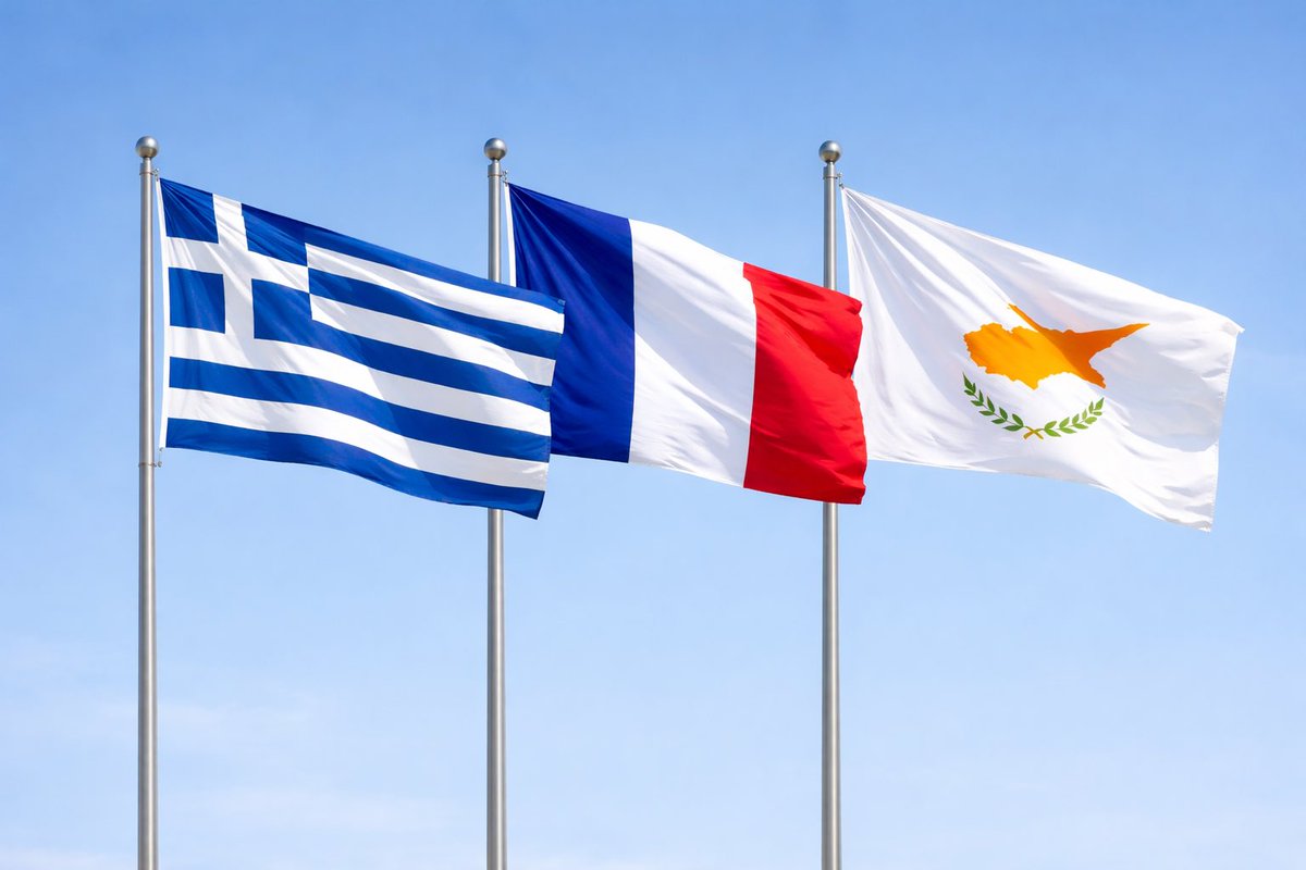 christianaerot1's tweet photo. Καλωσορίζουμε θερμά  στην Κύπρο τον Πρωθυπουργό της 🇬🇷 @kmitsotakis και τον Πρόεδρο της 🇫🇷 @EmmanuelMacron 
Η παρουσία τους ενισχύει τη στρατηγική συνεργασία 🇨🇾 🇬🇷🇫🇷 και στέλνει μήνυμα #σταθερότητας, #ασφάλειας και 🇪🇺 αλληλεγγύης στην Ανατολική Μεσόγειο.
#greece #cyprus #france https://t.co/CW4NXAjCTn