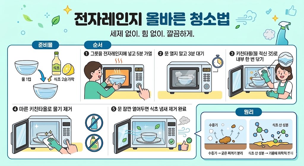 KyleKim84's tweet photo. 🚫전자레인지 청소, 물티슈 제발 쓰지마세요.

물티슈 속 화학 성분(계면활성제·방부제)이
밀폐된 내부에 잔류하게 됩니다.

이 상태에서 전자레인지 사용시 
화학성분이 기화되어 음식에 섞이게 됩니다.

✅올바른 청소법

1️⃣준비물
물 1컵 + 식초 2숟가락 (또는 레몬 반 개)

2️⃣순서
① 물 1컵을 그릇에 담아 전자레인지에 넣고 
5분간 작동
② 완료 후 전자렌지 문 열지 말고 3분 대기
③ 키친타올(물 적신 것)로 내부 한 번 닦기
④ 마른 키친타올로 물기 제거
⑤ 문 잠깐 열어두면 식초 냄새 제거 완료
