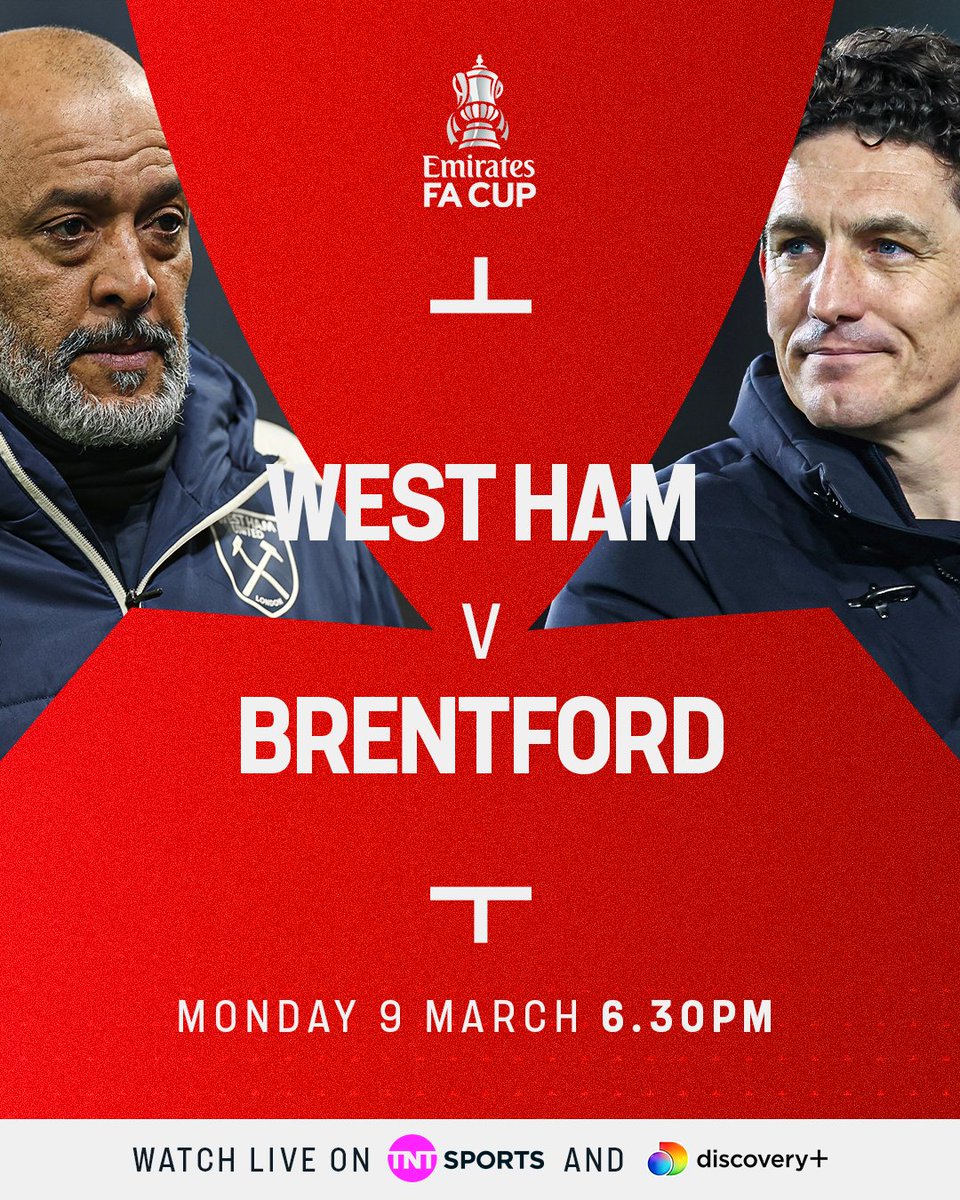 footballontnt's tweet photo. Will West Ham or Brentford be the final team to join the FA Cup quarter-final lineup? 

The final Round 5 fixture coming your way this evening‼️ https://t.co/kpWH3OZwOX