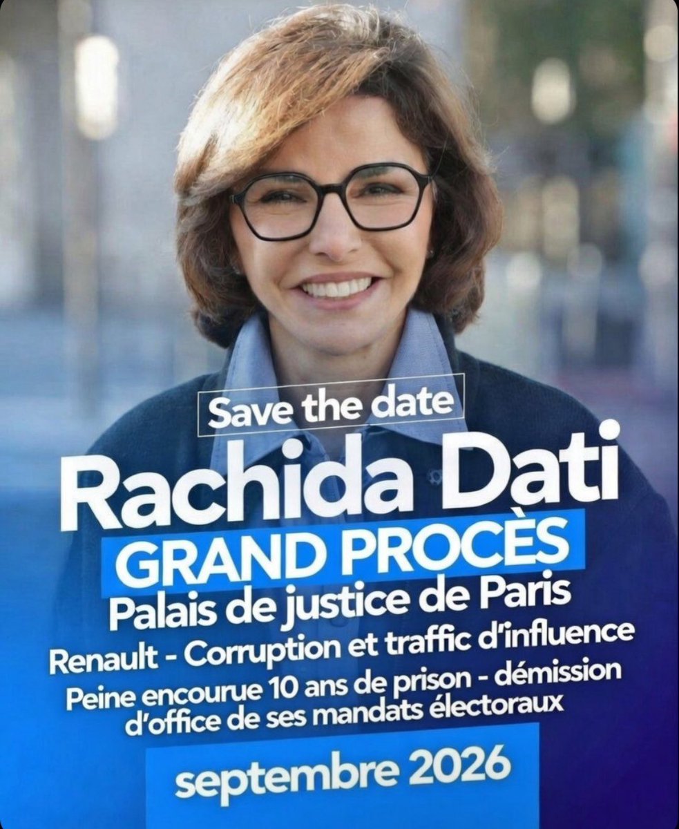 🛑Save the date🛑

J-191 avant le grand procès de Mme Dati pour corruption devant le tribunal correctionnel. 

Peine encourue : 10 ans de prison et inéligibilité.