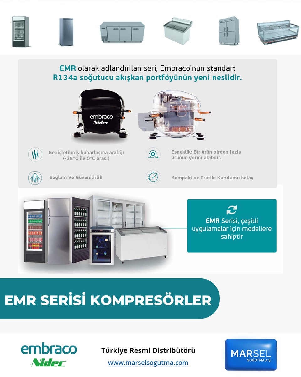 marselsogutma's tweet image. EMR modelleri, daha kompakt kompresörler kullanma yönündeki dünya trendini takip ederek, aynı soğutma kapasitesini ve sağlamlığı sunan, halihazırda geleneksel olan bu kompresörlerden daha küçüktür.
📌 Detaylar: marselsogutma.com
#embraco #compressor #hvac #refrigeration