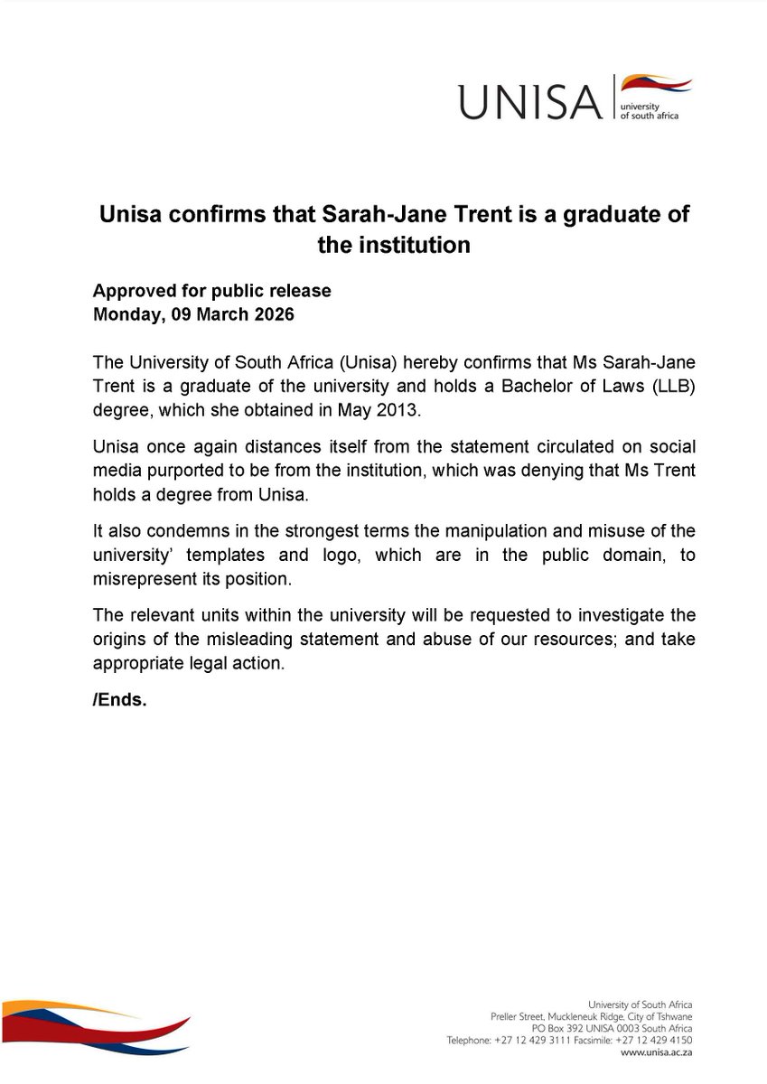 Media Statement - Unisa confirms that Sarah-Jane Trent is a graduate of the institution.

#Unisa150andBeyond