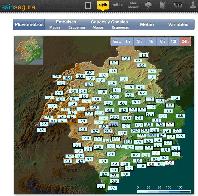 chsriosegura's tweet image. 🌧Precipitaciones registradas por visor #SAIH de @chsriosegura en las últimas 24 horas⏳

☔Destacan los 31,6 mm caídos en #embalse #LaCierva; los 31,6 acumulados en pico #Relojero o los 28,6 mm en #Regueron

💧Lluvias muy repartidas, pero más acusadas en Vega Media y #RíoMula