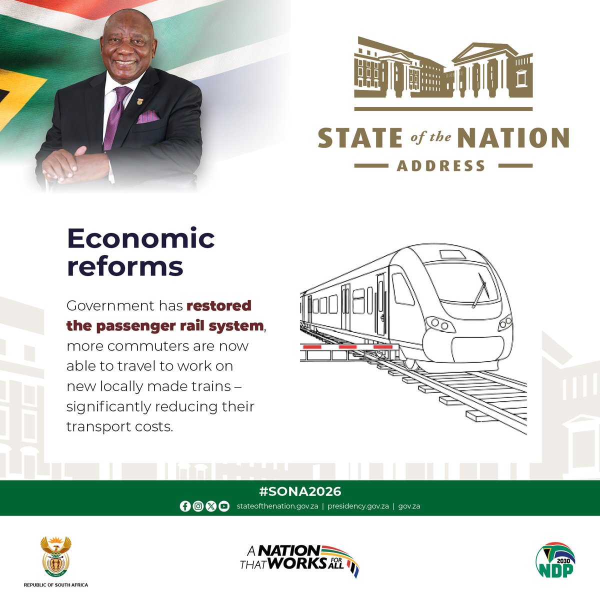 GovernmentZA's tweet image. Did you know ? 

Government has restored the passenger rail system, more commuters are now able to travel to work on new locally made trains – significantly reducing their transport costs.

#GovZAUpdates #Rail #Transport #SONA2026