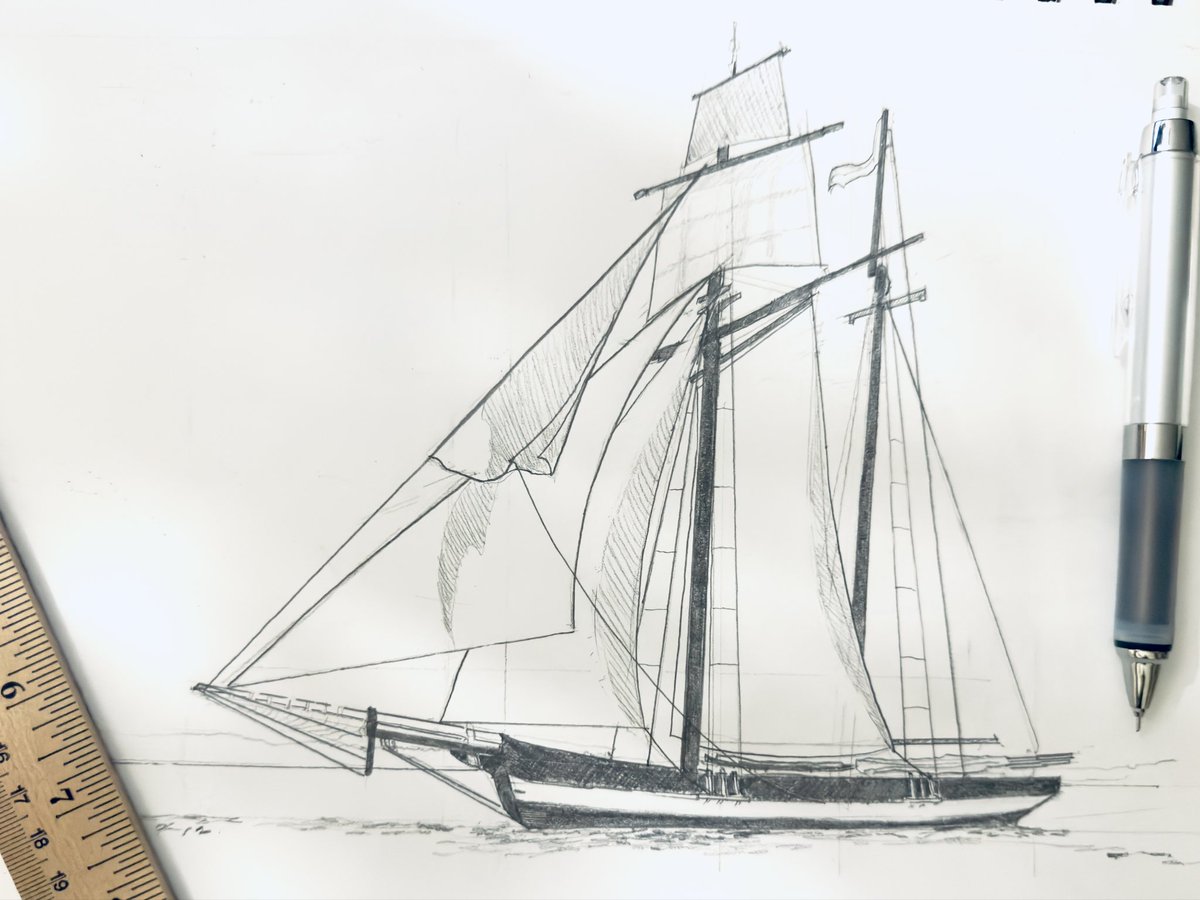 th_illustrates's tweet photo. My wife inquired as to what a Baltimore Clipper was…so since it IS the main character in the comic I am drawing, I thought I’d get down to actually drawing the darn thing. #illustration  
#ageofsail #pencil https://t.co/HHGcrCjEwr