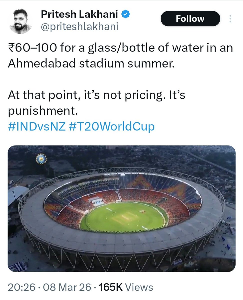 JMehta65's tweet photo. I had never imagined the amount of hate a few Indians have for the people of Gujarat!

One said that, Ahmedabad is not a sporting city nor it has a sporting culture.
If Ahmedabad is not a sporting city and does not have sporting culture then, how does 3 players of #TeamIndia come from Ahmedabad?
In Mumbai too, more than 50% of crowd comes from Thane, Virar, Pune, Nashik, Surat and even Ahmedabad..

Another one said, crowd does not stand behind the team when going is rough for the team..In comparison Mumbai and Bangalore crowds are more supportive to team.
I dont know about Bangalore, but in Mumbai only 4 days back, crowd had gone totally quiet when the English players were tonking our bowlers..

The last one complained about price of a glass/bottle of water at the stadium..
Idiot everybody knows that prices of water, bewrages and food are exorbitant in stadiums everywhere in India.
If he found the prices to be very high, he always had an option to sit at home in an Air conditioned room , watched the match sipping unlimited purified water at no cost..