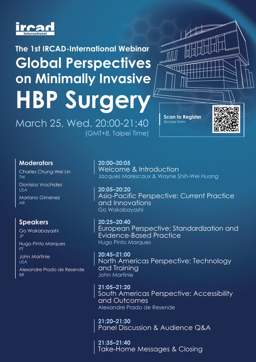 IrcadFrance's tweet image. Join us for the first #IRCAD International #webinar, the first episode of a long series, featuring leading experts in #HBP #surgery from around the world. 🌍
📌 Free registration: irc.ad/BuVT
📅 Date: March 25, 2026
⏰ Time: 1:00pm - 2:40pm (Paris time)

@Ircad_Taiwan