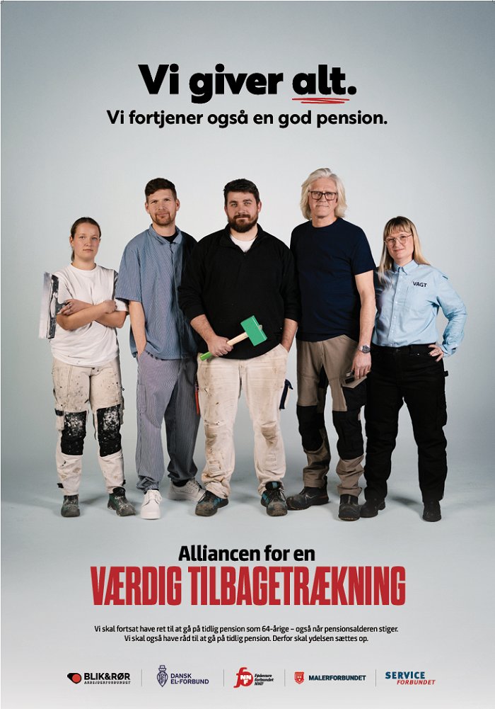 bevib08's tweet photo. En styrket tidlig pension er forudsætningen for retfærdighed, lyder det fra Alliancen for en Værdig Tilbagetrækning, der nu går i luften med en større pensionskampagne. Alliancen består af Dansk El-Forbund, @BlikRoer, @serviceforbund, @NNFdk og Malerforbundet
 #dkpo #arbejde https://t.co/ipwEw96nWu