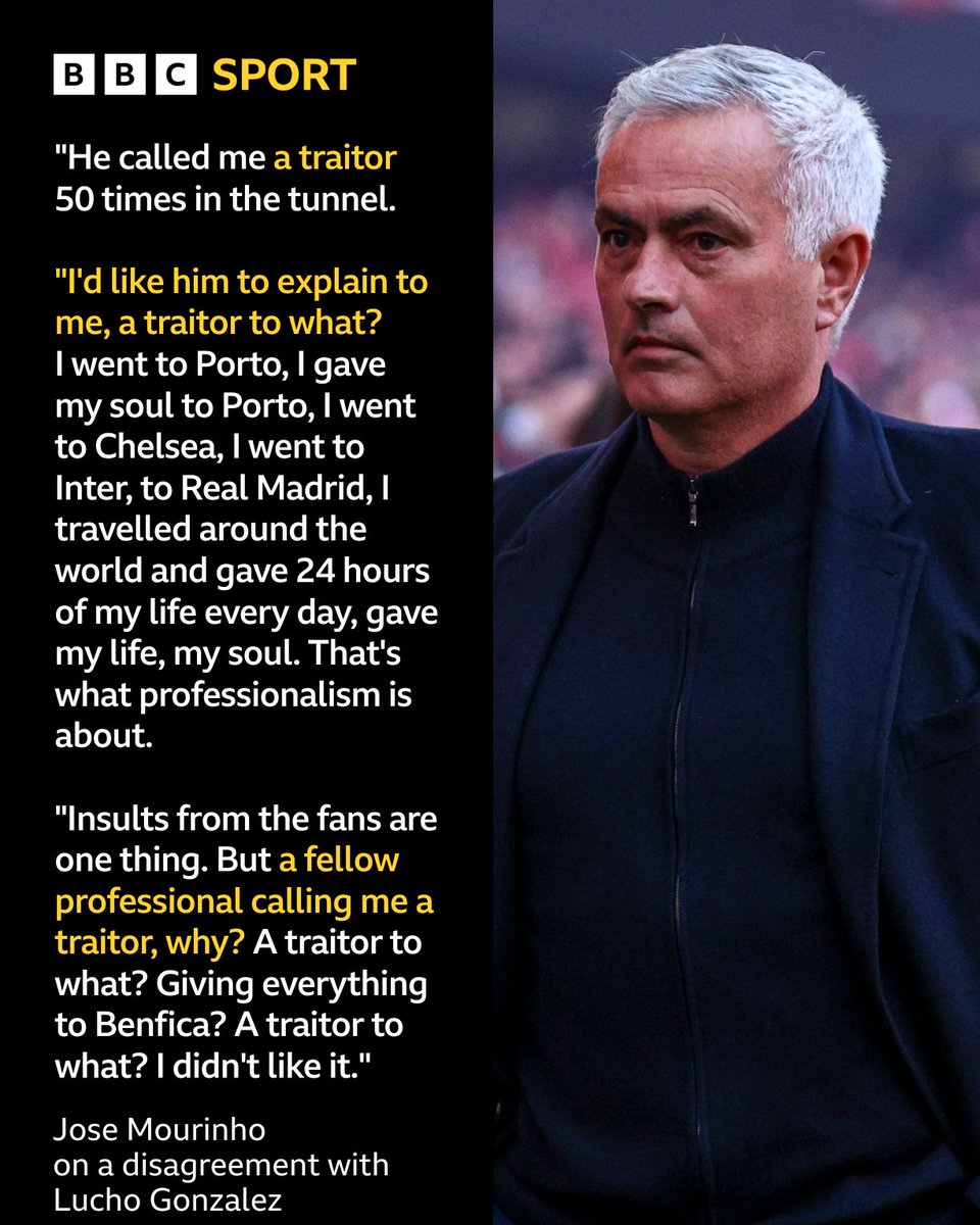 BBCMOTD's tweet photo. Jose Mourinho has criticised Porto's assistant coach for calling him a traitor "50 times" after Benfica's 2-2 draw with the Portuguese Liga leaders 😮
 
Mourinho was sent off after his side's 88th minute equaliser against his former club 🟥 https://t.co/TzT4k1UuCH