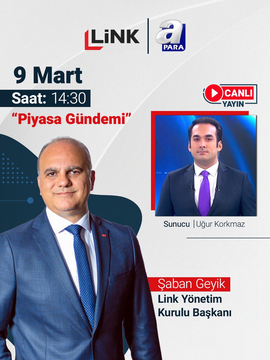 Link Yönetim Kurulu Başkanı Şaban Geyik,
9 Mart saat 14:30’da A Para – Piyasa Gündemi programında canlı yayında.

Piyasalardaki son gelişmeler ve sektör değerlendirmeleri konuşulacak.

#link #apara #piyasagündemi #ekonomi #finans #yatırım #piyasalar