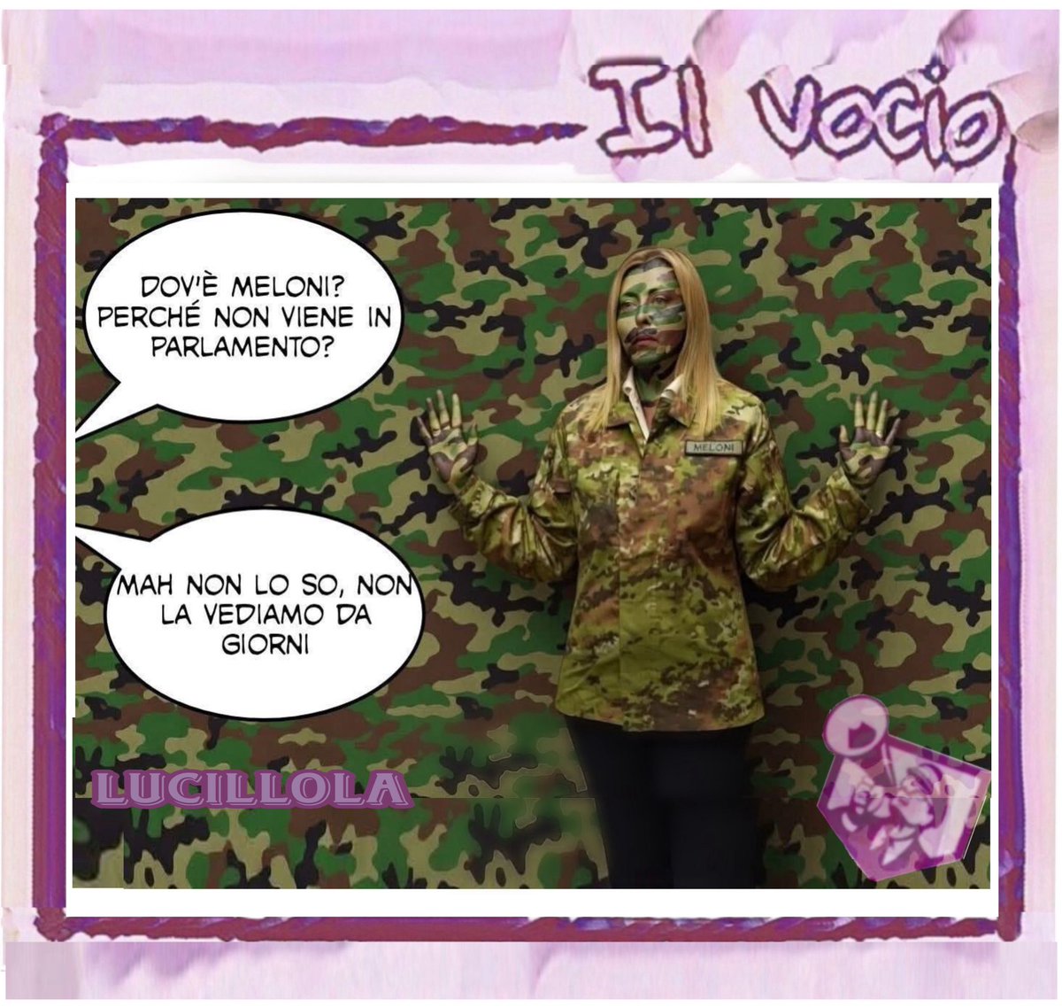ilvocio's tweet photo. Lucillola @LucillaMasini2L
#lucillola #ilvocio #Meloni #Parlamento #dispersa #nascosta #mimetica #Trump #iran #GovernoDellaVergogna #9marzo https://t.co/Aj8FRggNr9