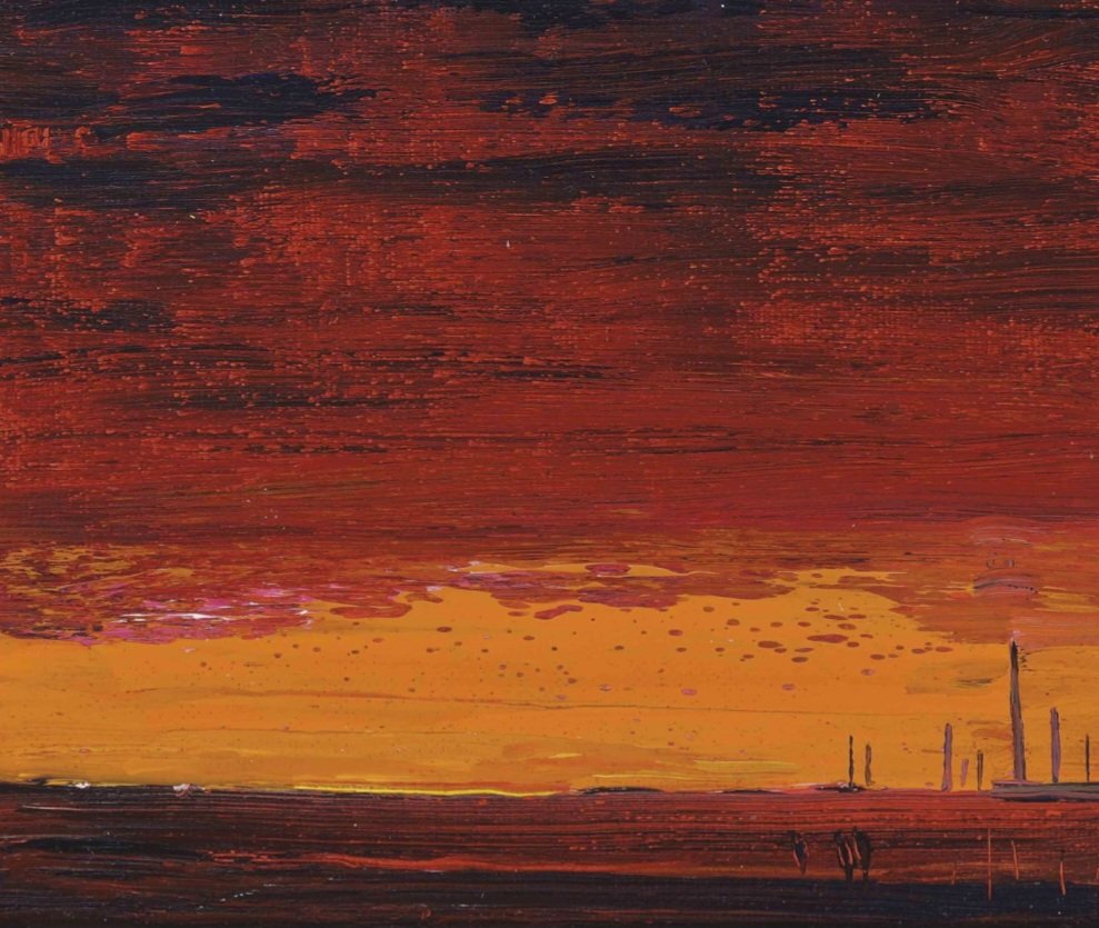 ahistoryinart's tweet photo. 'Red Dawn,' (c1980) is one of many depicting Theodore Major's visions of a northern industrial town, where small figures are often depicted emerging from a smog of pollution. 'I wish to shock into 'awareness' the sensibility of people... to awaken the mind to spiritual values.' https://t.co/3AGTJngAdR