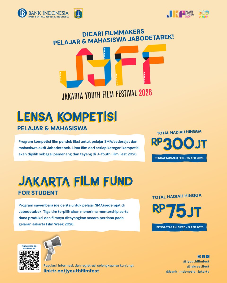 cinejour's tweet photo. 📢 J-YOUTH FILM FEST MENCARI KARYA SINEAS MUDA! 📢

J-YOUTH FILM FEST membuka kesempatan untuk pelajar SMA/sederajat &amp; mahasiswa di Jabodetabek. Kirim film pendekmu atau ikut sayembara ide cerita!

Info &amp; pendaftaran:
https://t.co/C2ftksg8gA
Deadline: 3 &amp; 25 April 2026. https://t.co/ctaRSuw1P8