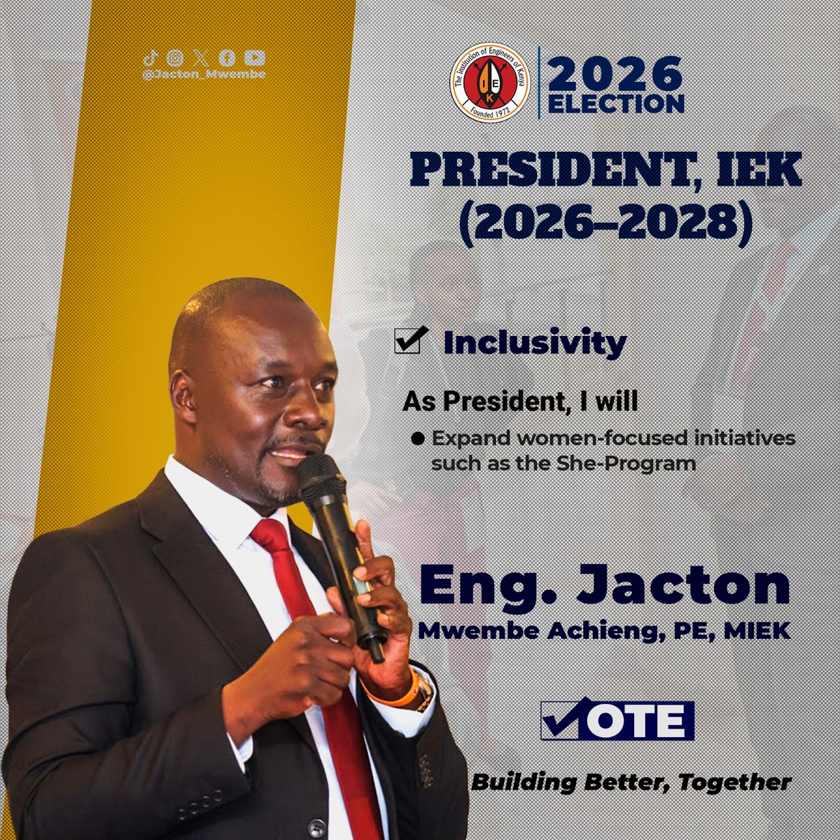 kiu_kenya's tweet photo. Choosing a leader is about choosing a legacy of service. Eng. Jacton Mwembe has spent his career building the IEK from the inside out and is now ready to lead it as your President. #BuildingBetterTogether #EngJactonMwembe4IEKPresident #EngineersDecide https://t.co/hR8WMzlcft
