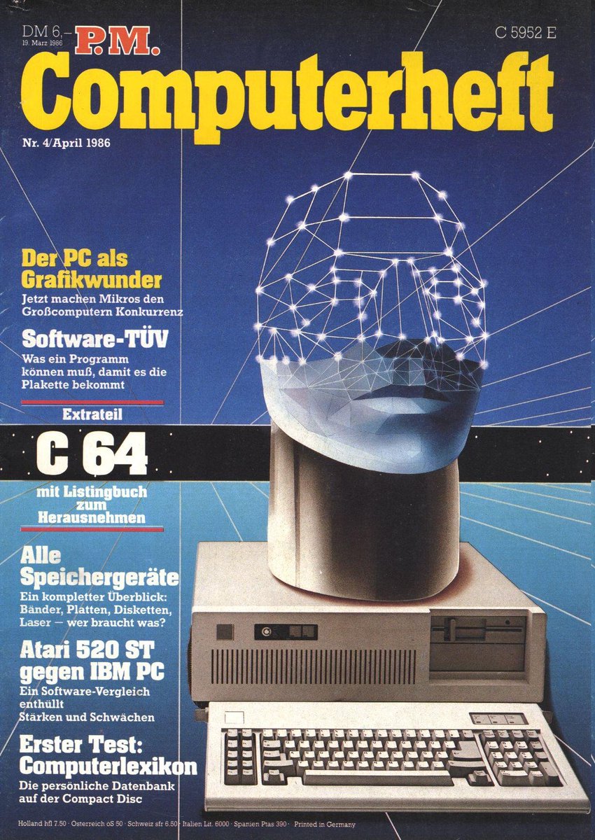 Retrojournal_de's tweet image. P.M. Computerheft 4/86💾

Themen u. a.:
🖥️Der PC als Grafikwunder – Mikrocomputer holen auf
📊Software-TÜV – Qualitätsprüfung für Programme
💾Überblick über Speichergeräte
⚔️Atari 520 ST vs. IBM PC
Extra: C64-Teil mit herausnehmbarem Listingbuch.
Preis: 6 DM.
#C64 #AtariST #IBMPC