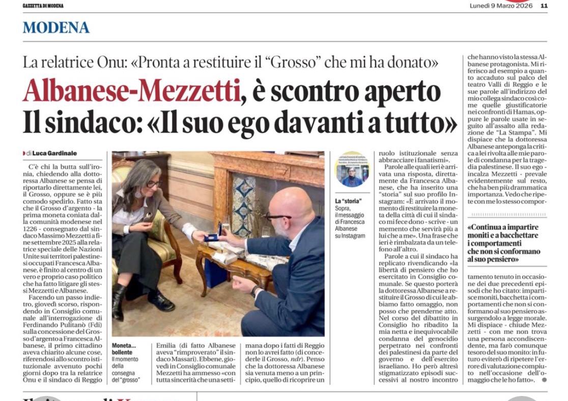 Amaramante____'s tweet image. Il sindaco di #Modena Massimo Mezzetti, subito dopo il #ddlantisemitismo  rinnega colloquio con #FrancescaAlbanese: “Affetmazioni fuori luogo, se avessi saputo non l’avrei incontrata”. 

Signori e signore, il modello italico per eccellenza: il pavido opportunista.