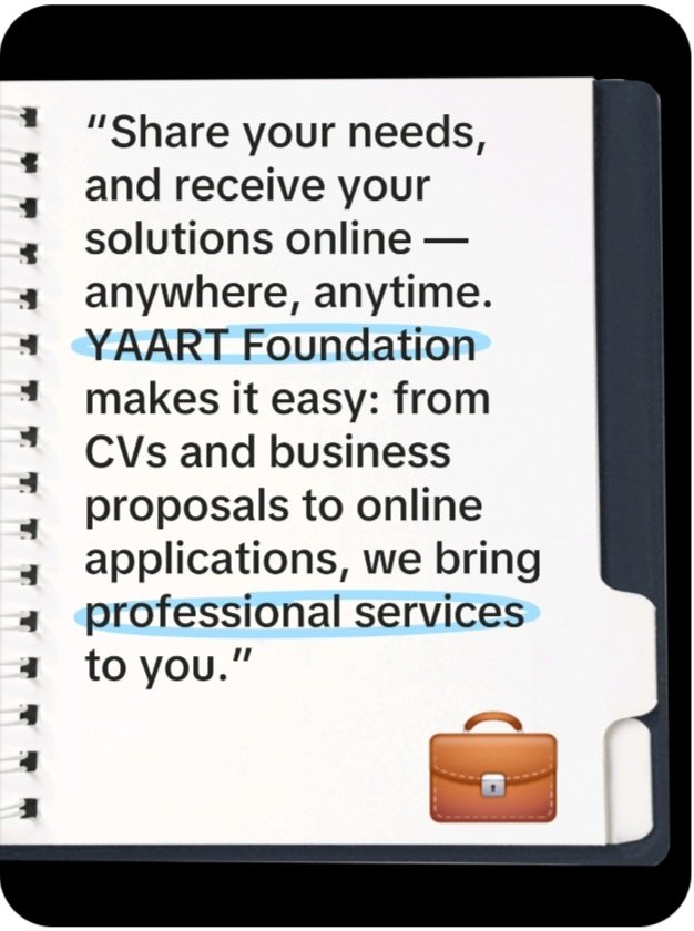 yaartfoundation's tweet photo. “Share your needs, and receive your solutions online ANYWHERE, ANYTIME.
YAART Foundation makes it easy: from CVs and business proposals to online applications, we bring professional services to you.” https://t.co/IoEmxOkMio