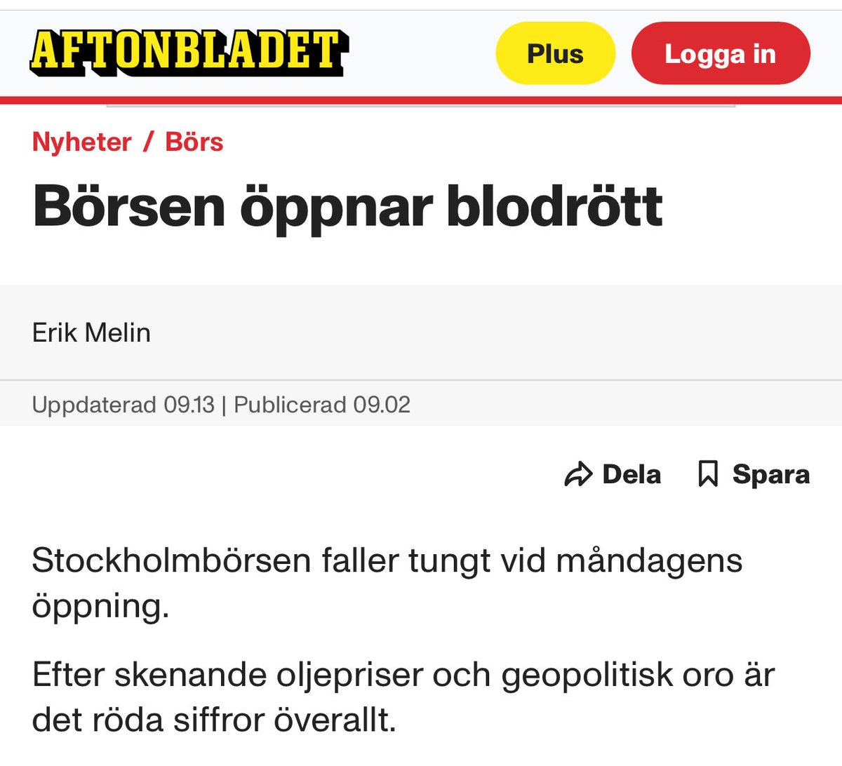Börserna rasar världen över. Det verkar ha gått upp för marknaderna att det, som vanligt, bara var amerikansk propaganda att Iran skulle vara desarmerat och slaget inom några dagar. Nu ser marknaden också det vi andra redan sett - det kommer bli ett långt och utdraget krig.
