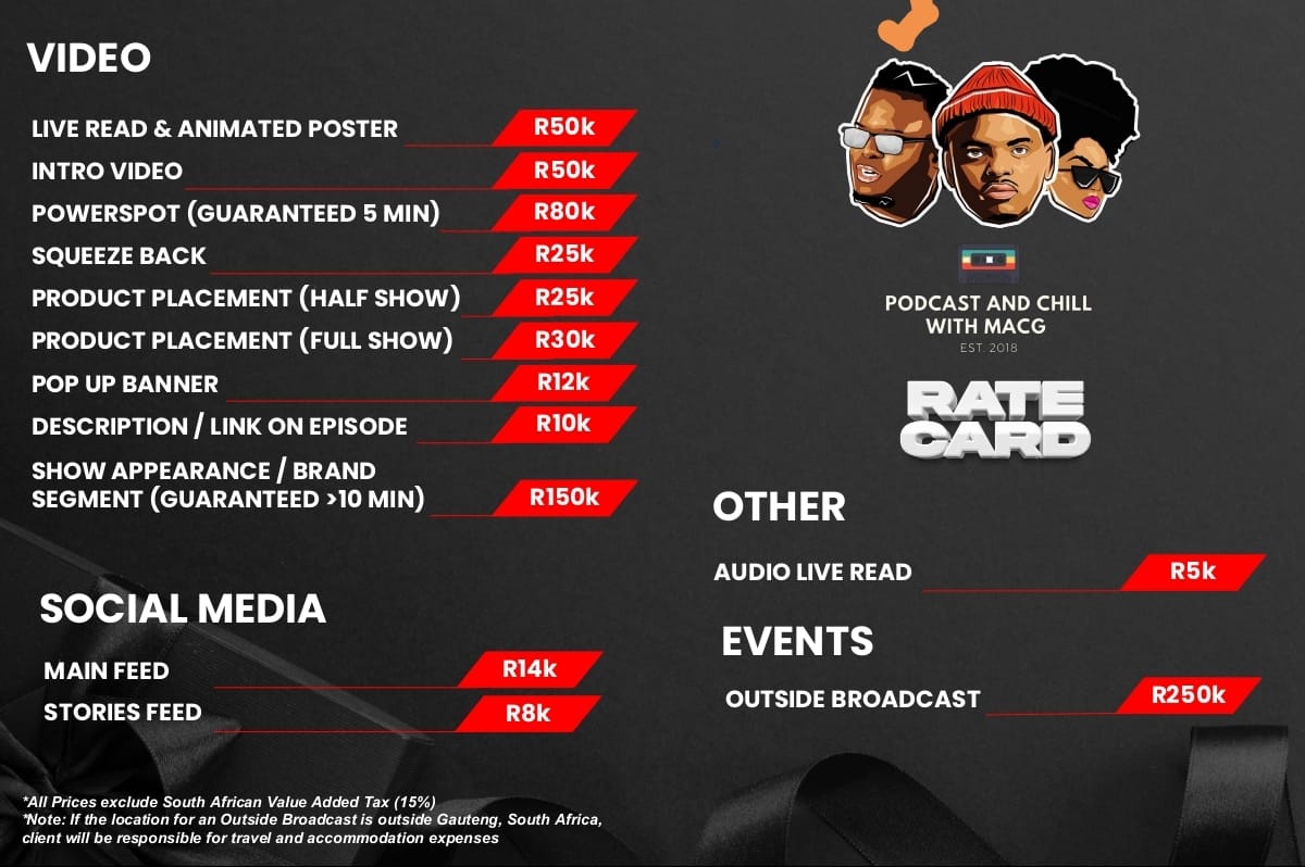 LEAK! Inside the Business of Podcasting: What MacG Charges for Podcast and Chill

Podcast advertising in South Africa has become a growing revenue stream as listenership increases and brands look for new ways to reach digital audiences. With millions of South Africans now