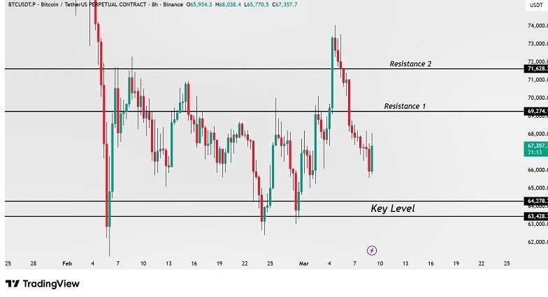 CryptoRoyal16's tweet photo. BTC Market Update

Bitcoin is currently showing some weakness and may remain range-bound between $63K – $71K for the time being. 

A clean breakout above $71K or a breakdown below $63K will likely determine the next major move.

For more details , TG :
[ https://t.co/Jlowh9nRk7 ] https://t.co/tRUFNreK4d