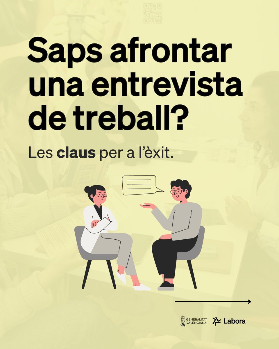 GVAlabora's tweet photo. Saps com afrontar una entrevista de treball? 👩‍💼🧑‍💼
✍️Et portem les claus per a tenir èxit, des de la preparació fins què fer després de l'entrevista.
ℹ️ Si necessites ajuda, recorda demanar cita prèvia amb el nostre servei de #orientació➡️ https://t.co/MKCl3JfrMn
#somlabora #Entrevistadetreball #Ocupació