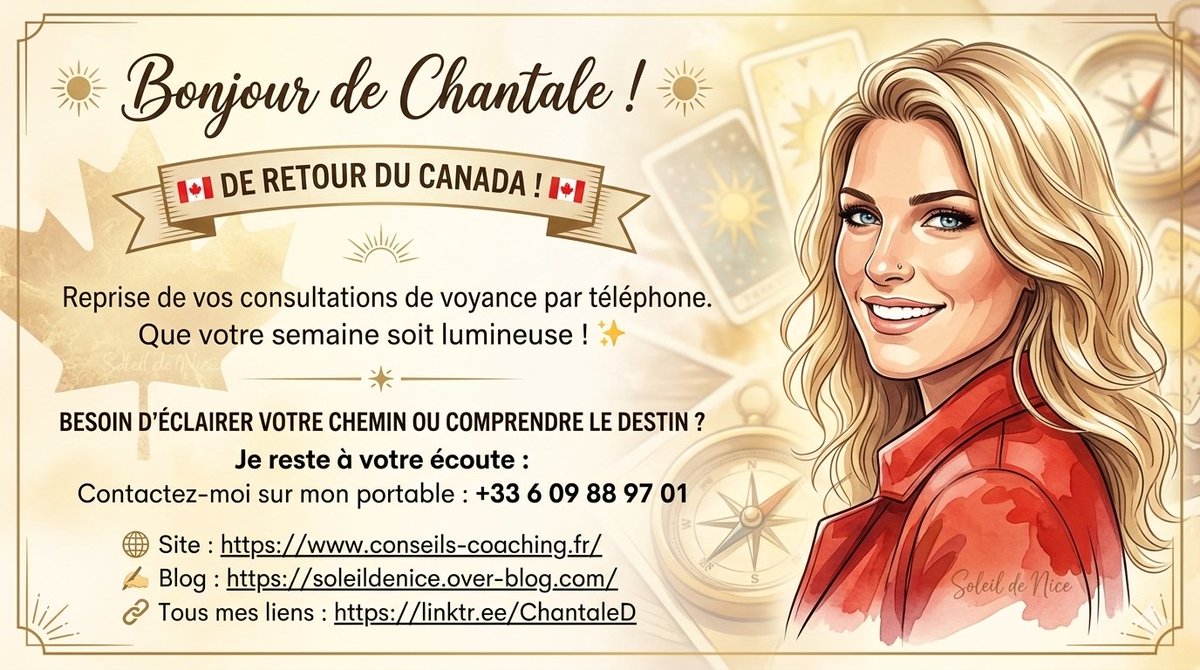🌟 De retour du Canada, je reprends mes consultations de voyance par téléphone !
Bonne semaine lumineuse à tous ! 💫
Besoin d'éclairer votre chemin ou de comprendre le destin ? Appelez-moi en privé au +33609889701.
Mes liens : linktr.ee/ChantaleD
#Voyance #VoyanceParTelephone