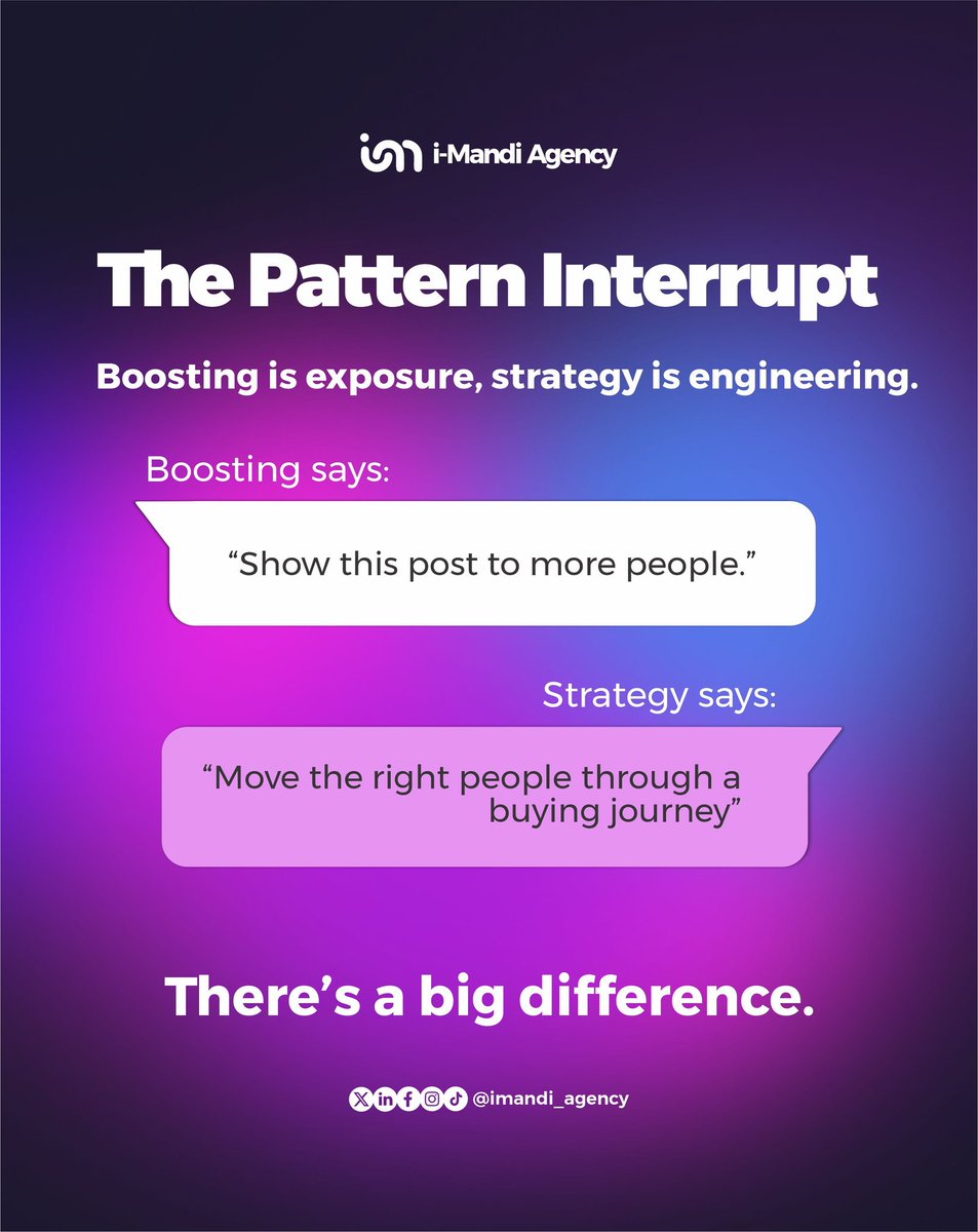 imandiagency's tweet photo. Most business owners think boosting = running ads. But here’s the truth: boosting is just activity. Strategy is architecture.

If your ads aren’t producing predictable, repeatable results, throwing money at more boosts won’t help. https://t.co/zbmbbciQKa