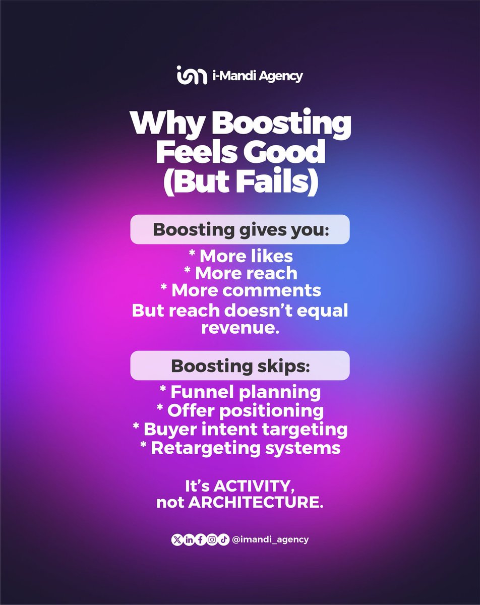 imandiagency's tweet photo. Most business owners think boosting = running ads. But here’s the truth: boosting is just activity. Strategy is architecture.

If your ads aren’t producing predictable, repeatable results, throwing money at more boosts won’t help. https://t.co/zbmbbciQKa