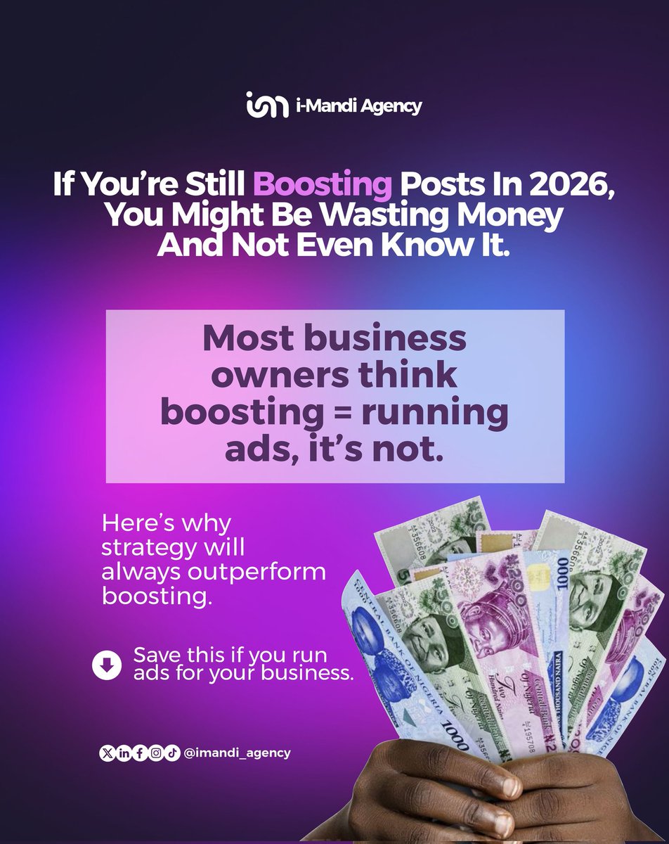 imandiagency's tweet photo. Most business owners think boosting = running ads. But here’s the truth: boosting is just activity. Strategy is architecture.

If your ads aren’t producing predictable, repeatable results, throwing money at more boosts won’t help. https://t.co/zbmbbciQKa