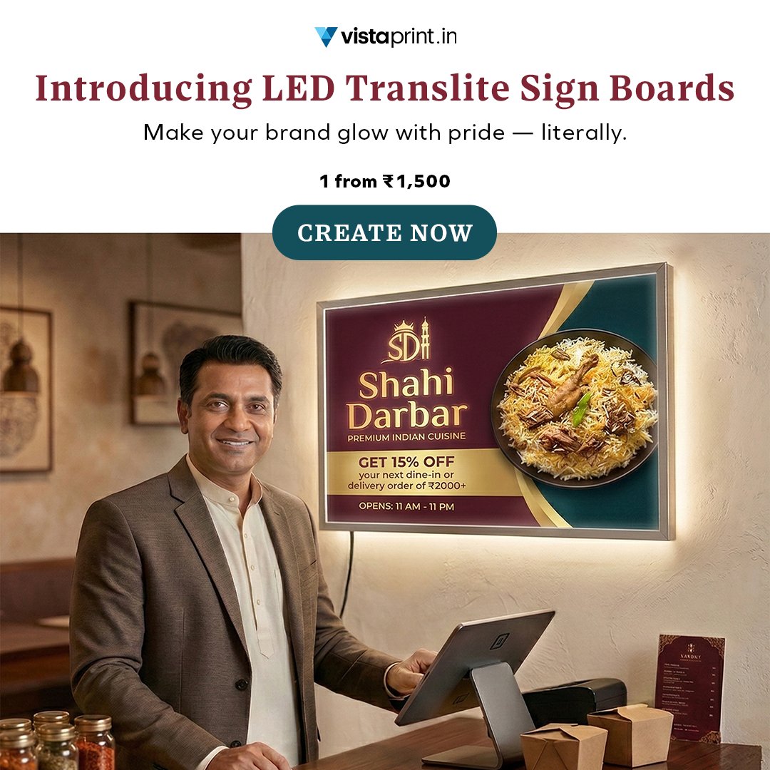 VistaprintIndia's tweet image. Introducing LED Translite Sign Boards from VistaPrint. Backlit signage that makes your business impossible to miss day or night. Custom printed with your name, your logo, Starting at just ₹1,500.
Create yours now:bit.ly/46Nxiuw
.
#Vistaprint #LEDSignBoard
