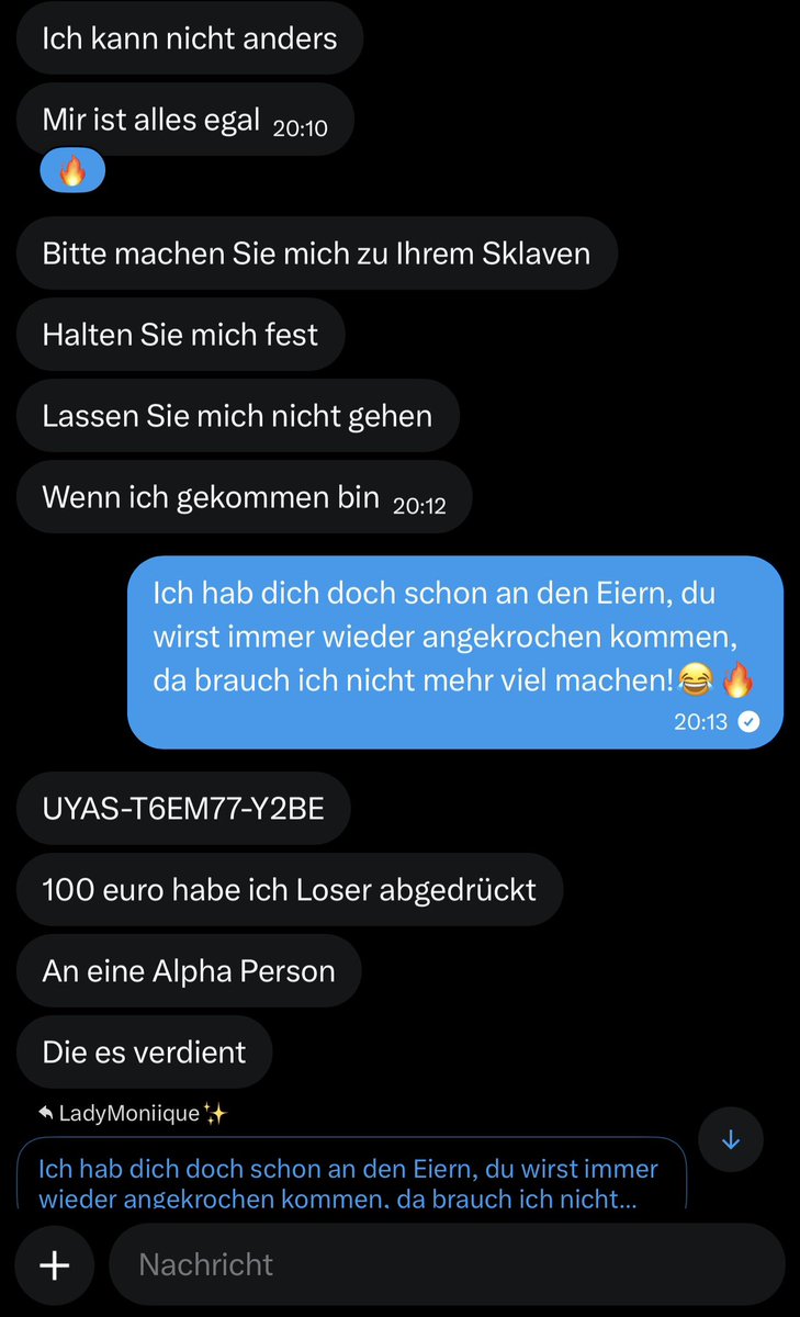 Ein kleiner Einblick aus meiner Session gestern Abend.✨

In der Session hat er mir noch gesagt, er sei „nicht so einer“.

Nicht der Typ, der zahlt.  
Nicht der Typ, der sich führen lässt.  

Manchmal reicht eben ein bisschen Druck.. &amp; die richtige Frau.😌🔥