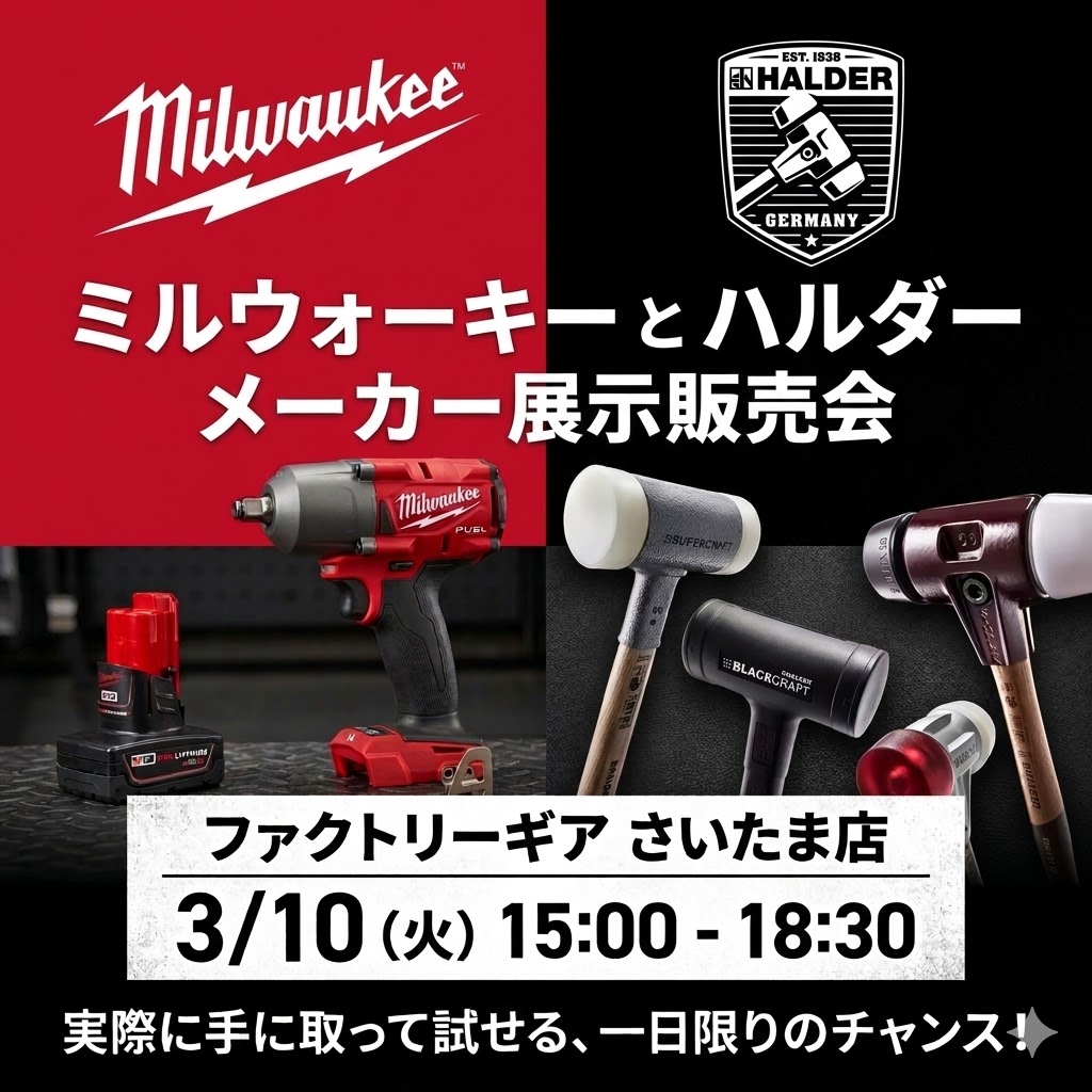 haldertool's tweet image. こんにちは
ハンマー担当です。
いよいよ、明日です！
お近くの工具好きの方は、この機会に是非、見て、触って、試してみて下さい！
#HALDER #ハンマー #ファクトリーギア #ファクトリーギアさいたま