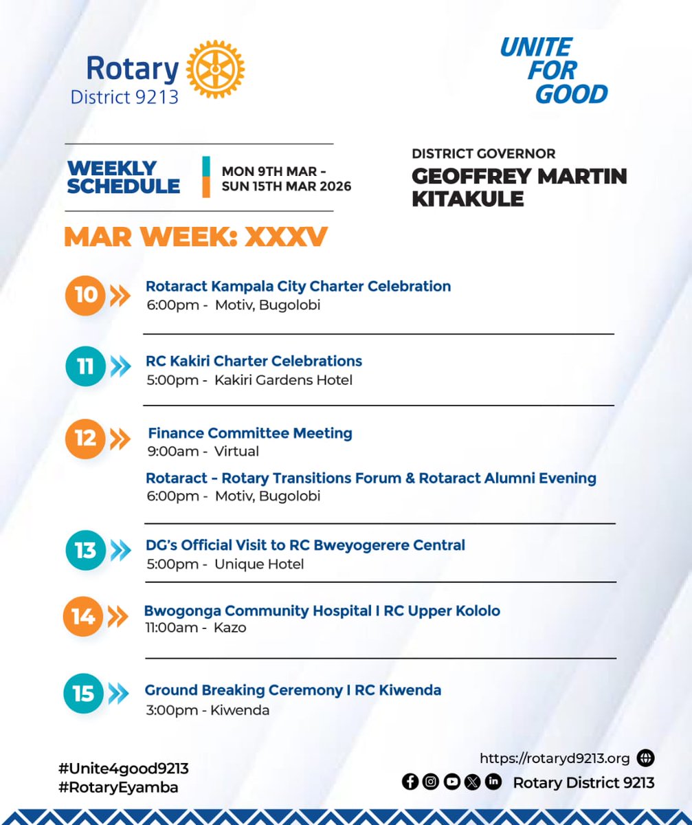 Week 35 Schedule.
It's Rotaract Week!
Let's celebrate their wonderful service together.
<a href="/AbesageN/">Nahabwe Abesage</a> <a href="/RotaractD9213/">Rotaract District 9213</a>