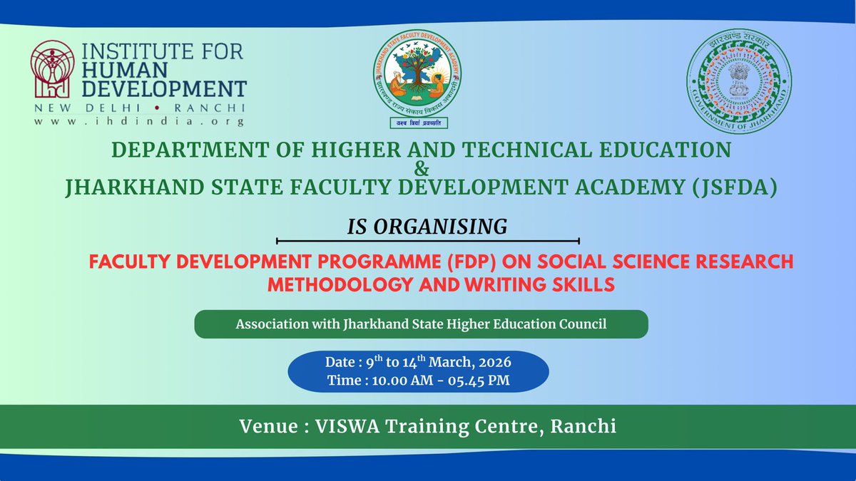 jsfda2025's tweet photo. Faculty Development Programme on Social Science Research Methodology &amp; Writing Skills underway at VISWA Training Centre, Ranchi (9–14 March 2026). Organized with JSFDA, JSHEC &amp; Dept. of Higher &amp; Technical Education, Govt. of Jharkhand. #FDP #Research #HigherEducation https://t.co/qZrqjELtM1