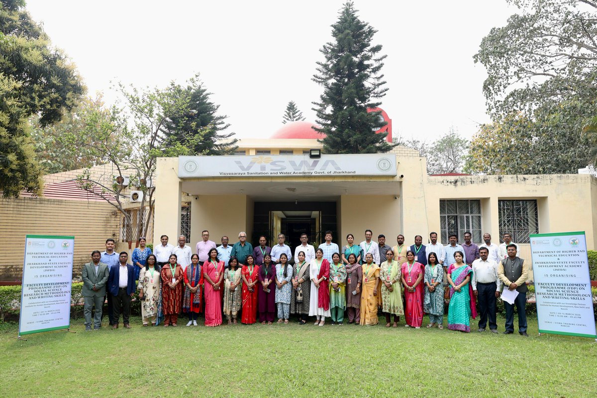 jsfda2025's tweet photo. Faculty Development Programme on Social Science Research Methodology &amp; Writing Skills underway at VISWA Training Centre, Ranchi (9–14 March 2026). Organized with JSFDA, JSHEC &amp; Dept. of Higher &amp; Technical Education, Govt. of Jharkhand. #FDP #Research #HigherEducation https://t.co/qZrqjELtM1