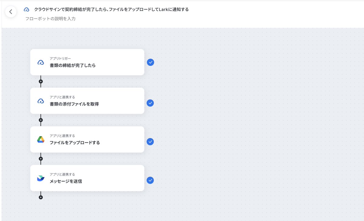 YoomJP's tweet photo. 【新規連携アプリ情報📢】   
✅Lark

Larkが新たに連携アプリとして追加されました！    
Googleフォームやメールで受け取った内容をLarkに通知したり、AIワーカーが実行した内容をLarkに報告することが可能になります⭐️

今回はクラウドサインで契約締結が完了したら、ファイルをアップロードしてLarkに通知するフローを作ってみました🎉

#Lark #Yoomで自動化