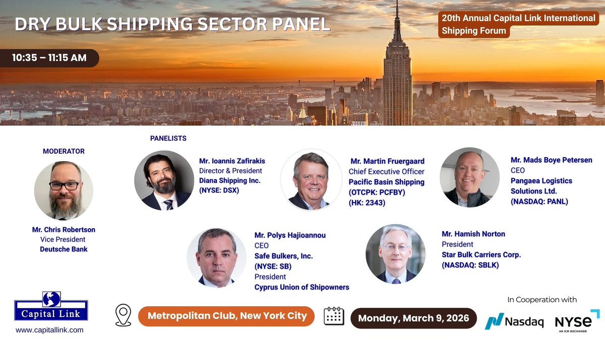 Join us for the Dry Bulk Shipping Sector Panel on March 9, 2026, at The Metropolitan Club, NYC. Mr. Ioannis Zafirakis will discuss industry outlook and challenges alongside leaders.  
Panel discussion:  10:35 – 11:15 AM  
#DryBulk #Shipping #MaritimeIndustry
