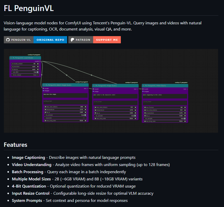 Machinedelusion's tweet photo. I've implemented the new Penguin VL language model into Comfy

performs quite well for the size in both a 2B and 8B variant

You can find it in the link below https://t.co/N0LJqjEI0O